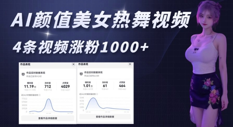 AI颜值美女热舞视频，4条视频涨粉1000+，实测6分钟一条远创网-专注分享副业落地实操课程 – 全网首发_高质量项目输出远创网