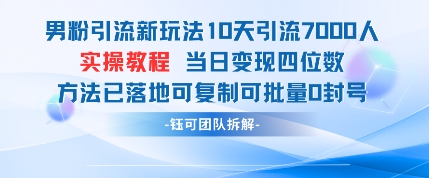 男粉引流新玩法10天引流7000人当日变现四位数可复制可批量0封号远创网-专注分享副业落地实操课程 – 全网首发_高质量项目输出远创网