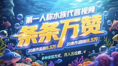 第一人称水族代言视频，条条万赞，20条作品涨粉7.8W，多种变现方式月入五位数远创网-专注分享副业落地实操课程 – 全网首发_高质量项目输出远创网