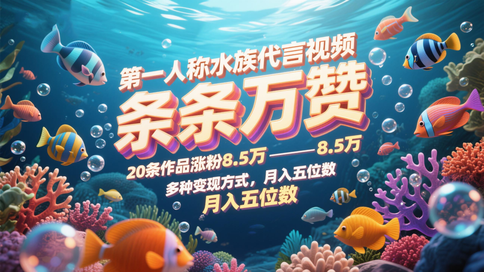 第一人称水族代言视频，条条万赞，20条作品涨粉8.5万，多种变现方式月，入五位数远创网-专注分享副业落地实操课程 – 全网首发_高质量项目输出远创网