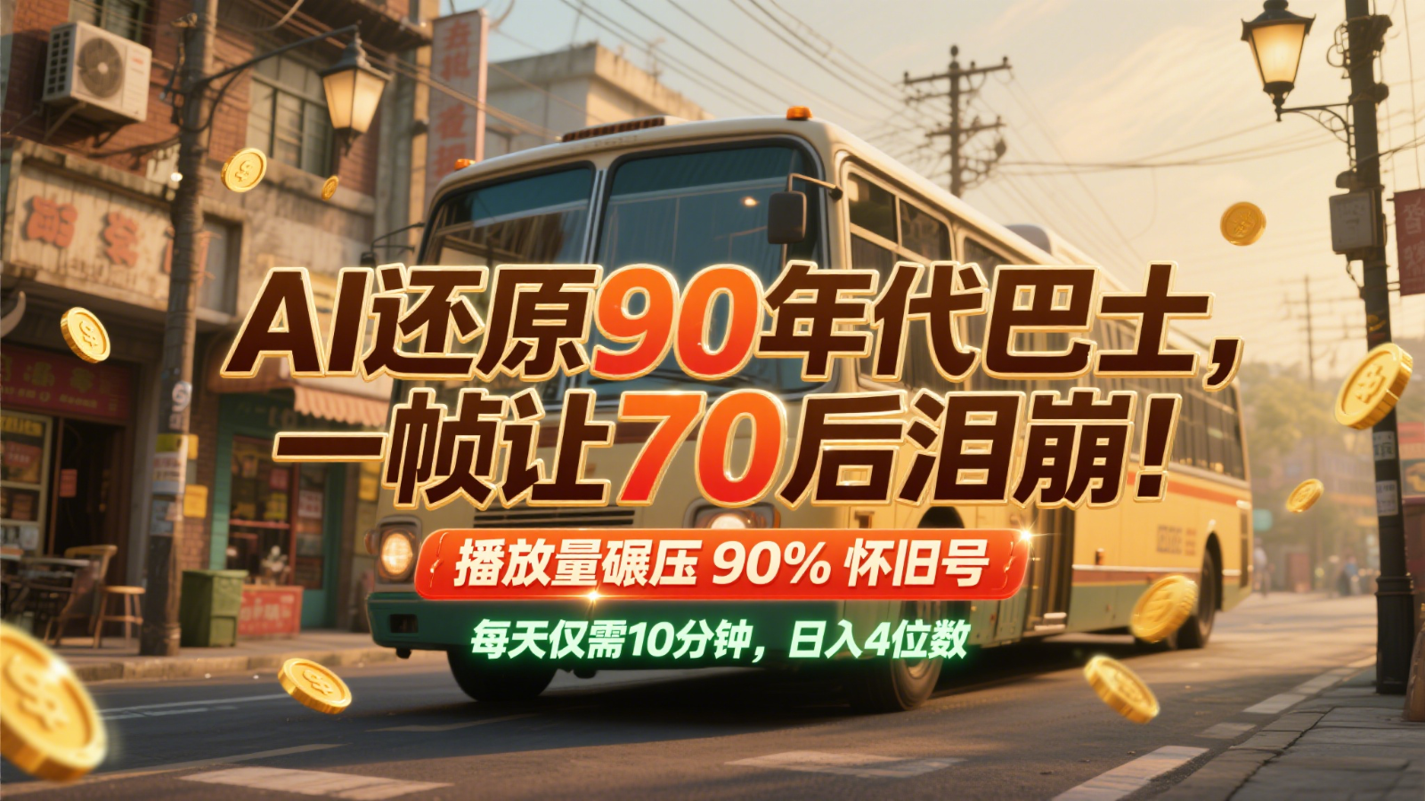 AI还原90年代巴士，一帧让70后泪崩！播放量碾压90%怀旧号，每天10分钟，日入4位数远创网-专注分享副业落地实操课程 – 全网首发_高质量项目输出远创网