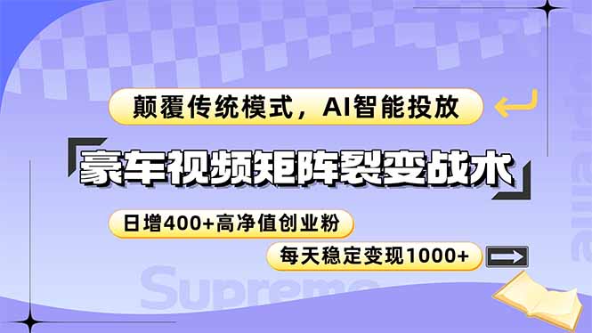 豪车视频矩阵裂变战术，颠覆传统模式，AI智能投放，日增400+高净值创业…远创网-专注分享副业落地实操课程 – 全网首发_高质量项目输出远创网