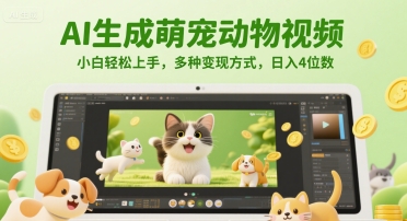 AI生成萌宠动物视频，小白轻松上手，多种变现方式，日入4位数远创网-专注分享副业落地实操课程 – 全网首发_高质量项目输出远创网