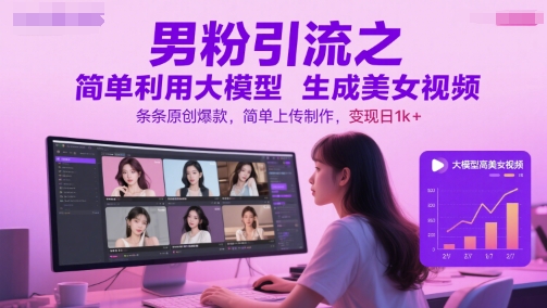 男粉引流之简单利用大模型生成美女视频，条条原创爆款，简单上传制作，变现日1k+远创网-专注分享副业落地实操课程 – 全网首发_高质量项目输出远创网