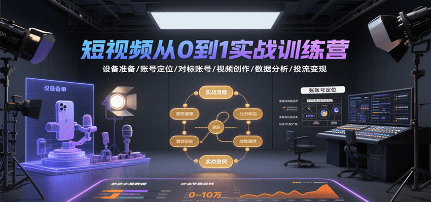 短视频从0到1实战训练营：设备准备/账号定位/对标账号/视频创作/数据分析/投流变现远创网-专注分享副业落地实操课程 – 全网首发_高质量项目输出远创网