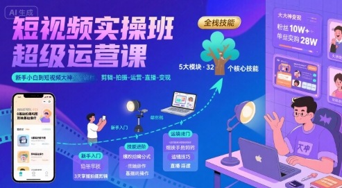 短视频实操班超级运营课，新手小白到短视频大神必修课程，剪辑-拍摄-运营-直播-变现远创网-专注分享副业落地实操课程 – 全网首发_高质量项目输出远创网