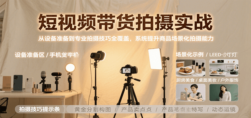 短视频带货拍摄实战，从设备准备到专业拍摄技巧全覆盖，系统提升商品场景化拍摄能力远创网-专注分享副业落地实操课程 – 全网首发_高质量项目输出远创网