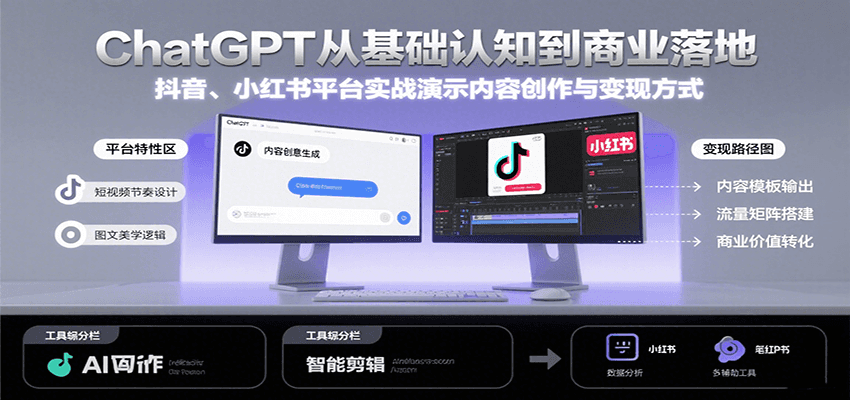 ChatGPT从基础认知到商业落地，实战演示抖音、小红书等平台的内容创作与变现远创网-专注分享副业落地实操课程 – 全网首发_高质量项目输出远创网