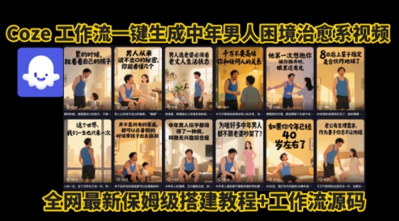 coze工作流一键生成”中年男人困境扎心高涨粉高播放量图文视频”保姆级拆解教程，无需剪辑，无需拍摄写文案远创网-专注分享副业落地实操课程 – 全网首发_高质量项目输出远创网