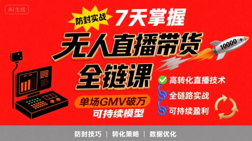 无人直播带货全链防封实战课，7天掌握高转化直播技术，实现单场GMV破万可持续模型远创网-专注分享副业落地实操课程 – 全网首发_高质量项目输出远创网