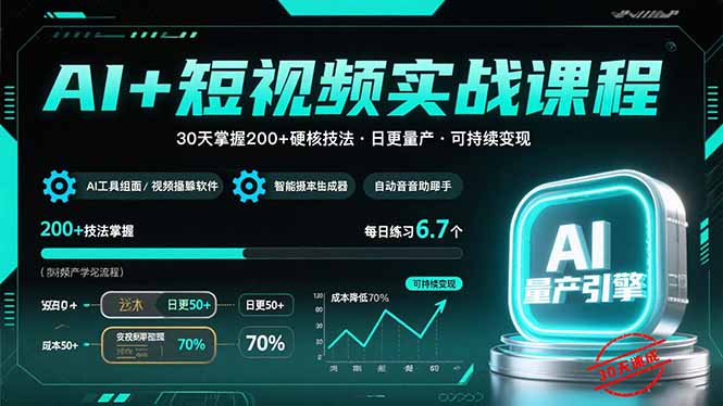 AI+短视频实战课程：30天掌握200+硬核技法，实现日更量产可持续变现远创网-专注分享副业落地实操课程 – 全网首发_高质量项目输出远创网