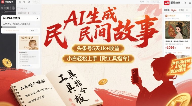 AI生成民间故事，头条号5天1k+，小白轻松上手【附工具指令】远创网-专注分享副业落地实操课程 – 全网首发_高质量项目输出远创网
