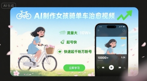 AI制作女孩骑单车治愈视频，流量大，起号快，快速起千粉万粉号远创网-专注分享副业落地实操课程 – 全网首发_高质量项目输出远创网