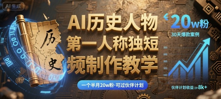最新AI历史人物第一人称独白短视频制作教学，一个半月20w粉，可过伙伴计划远创网-专注分享副业落地实操课程 – 全网首发_高质量项目输出远创网