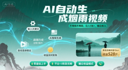 不用拍不用剪！AI自动生成烟雨视频，日入5张+，睡后收入远创网-专注分享副业落地实操课程 – 全网首发_高质量项目输出远创网
