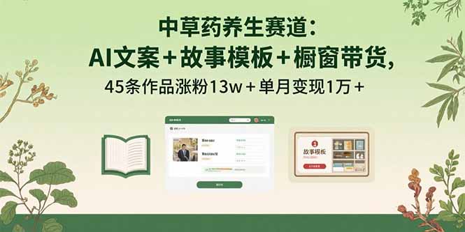 中草药养生赛道：AI文案+故事模板+橱带货，45条作品涨粉13w+单月变现1万+远创网-专注分享副业落地实操课程 – 全网首发_高质量项目输出远创网
