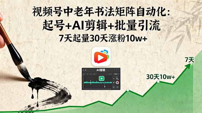 视频号中老年书法矩阵自动化：起号+AI剪辑+批量引流 7天起量30天涨粉10w+远创网-专注分享副业落地实操课程 – 全网首发_高质量项目输出远创网