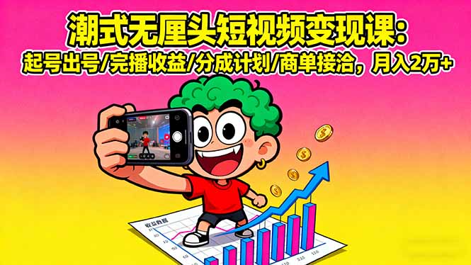 潮式无厘头短视频变现课：起号出号/完播收益/分成计划/商单接洽，月入2万+远创网-专注分享副业落地实操课程 – 全网首发_高质量项目输出远创网