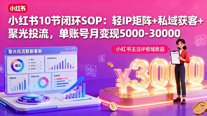 小红书10节闭环SOP：轻IP矩阵+私域获客+聚光投流，单账号月变现5000-30000远创网-专注分享副业落地实操课程 – 全网首发_高质量项目输出远创网