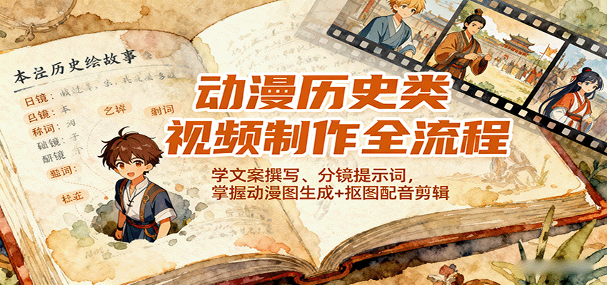 动漫历史类视频制作全流程，学文案撰写、分镜提示词，掌握动漫图生成+抠图配音剪辑远创网-专注分享副业落地实操课程 – 全网首发_高质量项目输出远创网