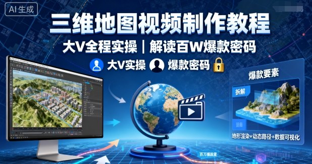三维地图视频制作教程，大V全程实操，解读百W爆款密码远创网-专注分享副业落地实操课程 – 全网首发_高质量项目输出远创网