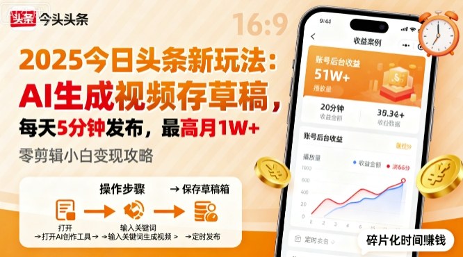 2025年今日头条躺賺新玩法，AI生成视频存草稿，每天5分钟发布，最高月1W+【揭秘】远创网-专注分享副业落地实操课程 – 全网首发_高质量项目输出远创网
