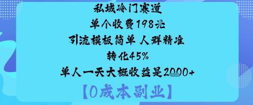私域冷门赛道:单个收费198米引流模板简单人群精准转化45%单人一天大概收益是1k+远创网-专注分享副业落地实操课程 – 全网首发_高质量项目输出远创网