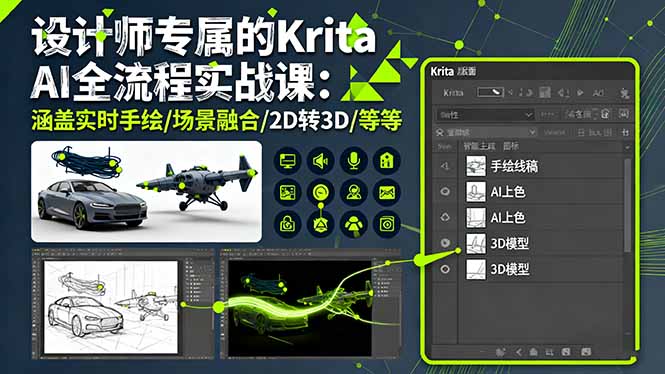 设计师专属的Krita AI全流程实战课：涵盖实时手绘/场景融合/2D转3D/等等远创网-专注分享副业落地实操课程 – 全网首发_高质量项目输出远创网