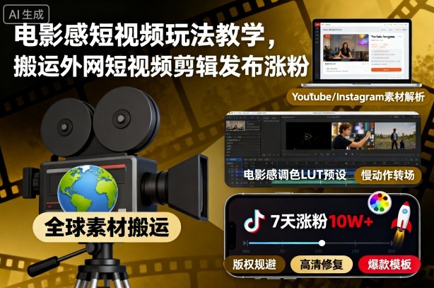 电影感短视频玩法教学，搬运外网短视频剪辑发布涨粉远创网-专注分享副业落地实操课程 – 全网首发_高质量项目输出远创网