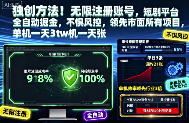 独创方法!无限注册账号,短剧平台全自动掘金,不惧风控,领先市面所有项目,单机一天3张【揭秘】远创网-专注分享副业落地实操课程 – 全网首发_高质量项目输出远创网