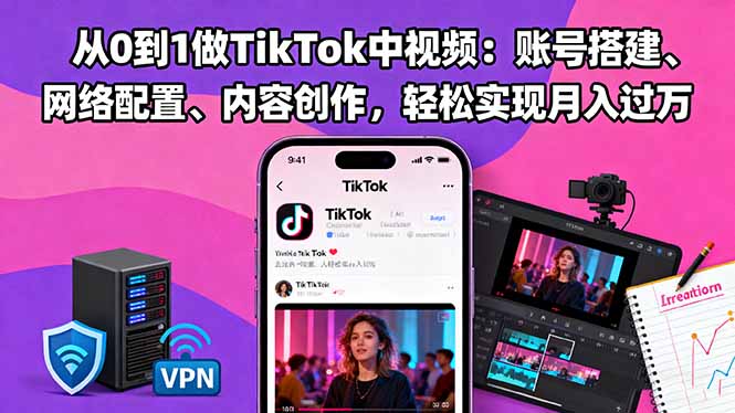 从0到1做TikTok中视频：账号搭建、网络配置、内容创作，轻松实现月入过万远创网-专注分享副业落地实操课程 – 全网首发_高质量项目输出远创网