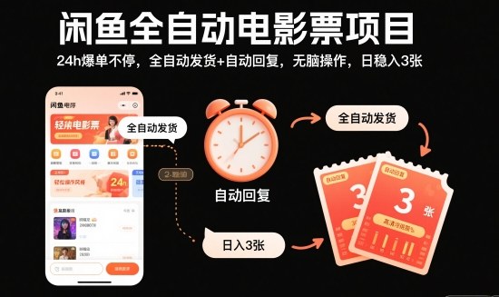 闲鱼全自动电影票项目，24h爆单不停，全自动发货+自动回复，无脑操作，日稳入3张【揭秘】远创网-专注分享副业落地实操课程 – 全网首发_高质量项目输出远创网