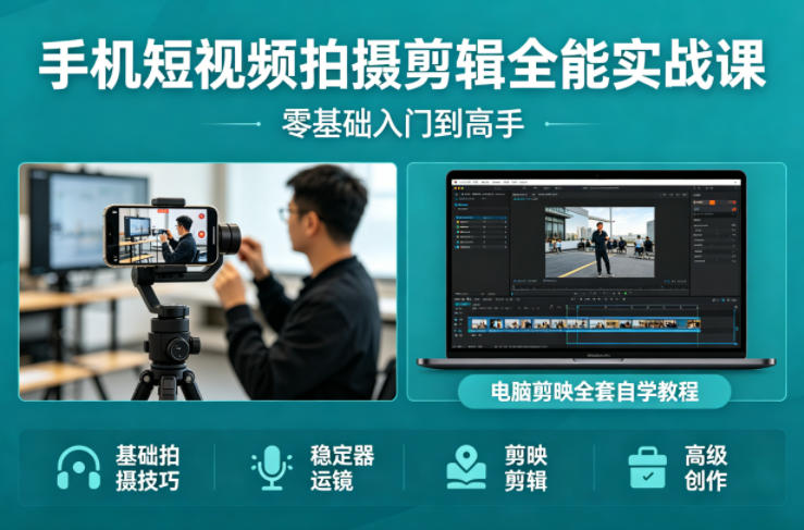 手机短视频拍摄剪辑全能实战课：零基础入门到高手，稳定器运镜+电脑剪映全套自学教程远创网-专注分享副业落地实操课程 – 全网首发_高质量项目输出远创网