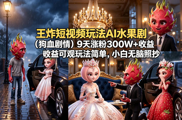 王炸短视频玩法AI水果剧（狗血剧情）9天涨粉300W+收益可观玩法简单，小白无脑照抄，详细拆解玩法米创网-专注分享副业落地实操课程 – 全网首发_高质量项目输出远创网