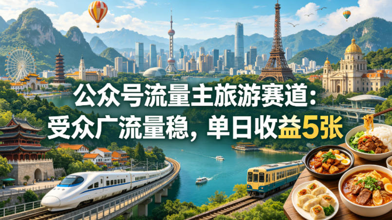 公众号流量主之旅游赛道，受众广+流量稳，平均单日收益5张+米创网-专注分享副业落地实操课程 – 全网首发_高质量项目输出远创网