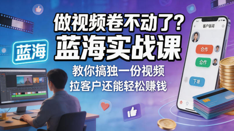 做视频卷不动了？蓝海实战课教你搞独一份视频，拉客户还能轻松賺钱！【原创双语字幕】米创网-专注分享副业落地实操课程 – 全网首发_高质量项目输出远创网