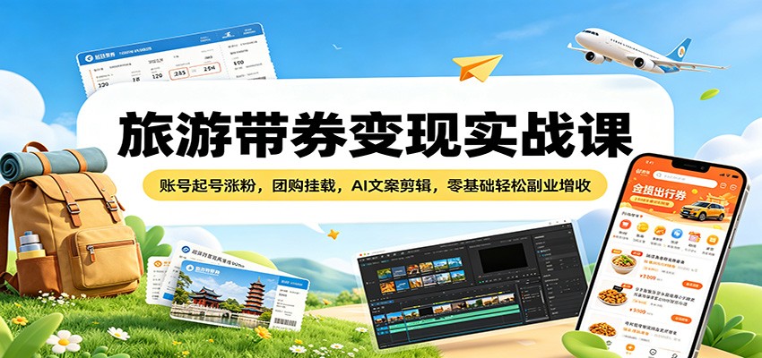 旅游带券变现实战课：账号起号涨粉，团购挂载，AI文案剪辑，零基础轻松副业增收米创网-专注分享副业落地实操课程 – 全网首发_高质量项目输出远创网