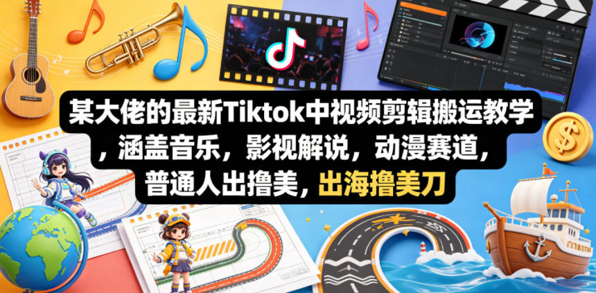 某大佬的最新Tiktok中视频剪辑搬运教学，涵盖音乐，影视解说，动漫赛道，普通人出海撸美刀米创网-专注分享副业落地实操课程 – 全网首发_高质量项目输出远创网