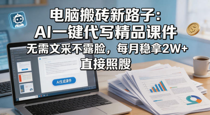 电脑搬砖新路子：AI一键代写精品课件，无需文采不露脸，每月稳拿2W+，直接照搬米创网-专注分享副业落地实操课程 – 全网首发_高质量项目输出远创网