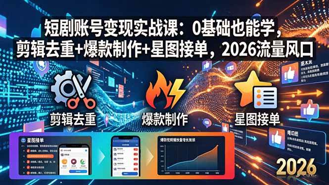 （18160期）短剧账号变现实战课：0基础也能学，剪辑去重+爆款制作+星图接单，2026流量风口米创网-专注分享副业落地实操课程 – 全网首发_高质量项目输出远创网