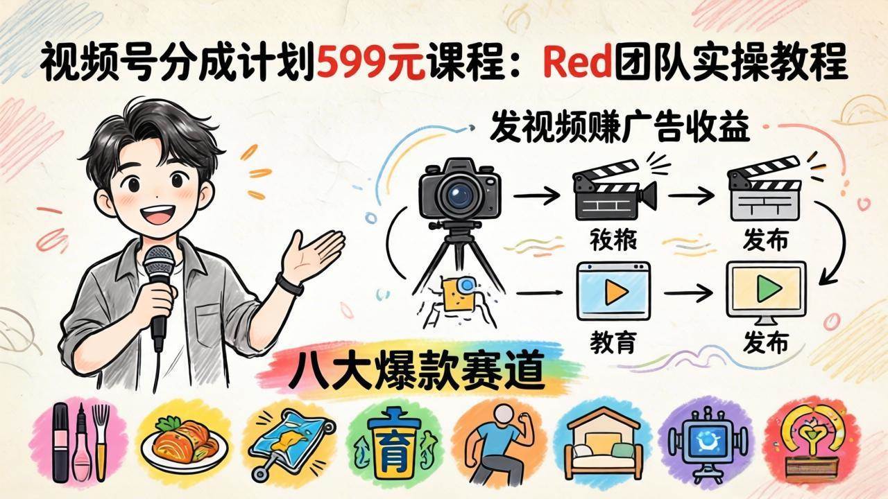（18088期）视频号分成计划599元课程：Red团队实操教程，发视频赚广告收益，八大爆款赛道全掌握米创网-专注分享副业落地实操课程 – 全网首发_高质量项目输出远创网