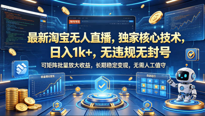 最新淘宝无人直播，独家核心技术，日入1k+，无违规无封号，可矩阵批量放大，长期稳定，无需人工值守【揭秘】米创网-专注分享副业落地实操课程 – 全网首发_高质量项目输出远创网