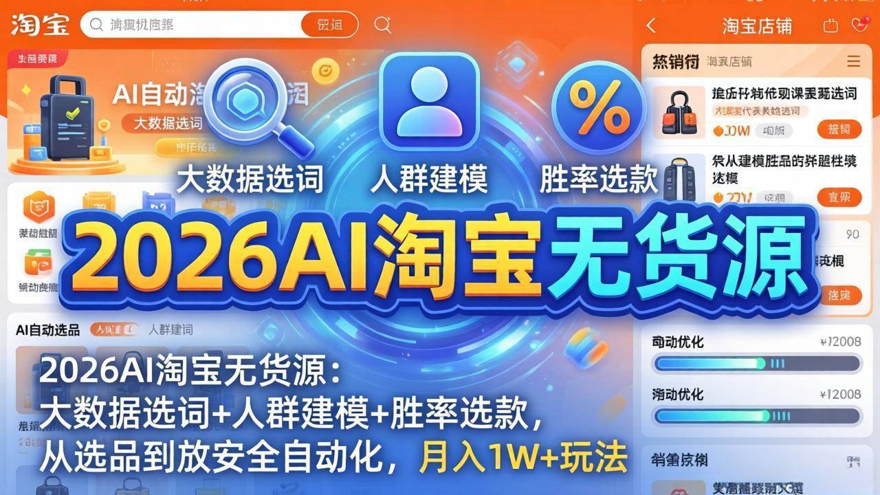 （18110期）2026AI淘宝无货源-4月19更新：大数据选词+人群建模+胜率选款，从选品到放大全自动化，月入1W+米创网-专注分享副业落地实操课程 – 全网首发_高质量项目输出远创网